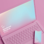 Pink psychedelic style multi angle iPhone and MacBook Apple device prototype mockup PSD source file download